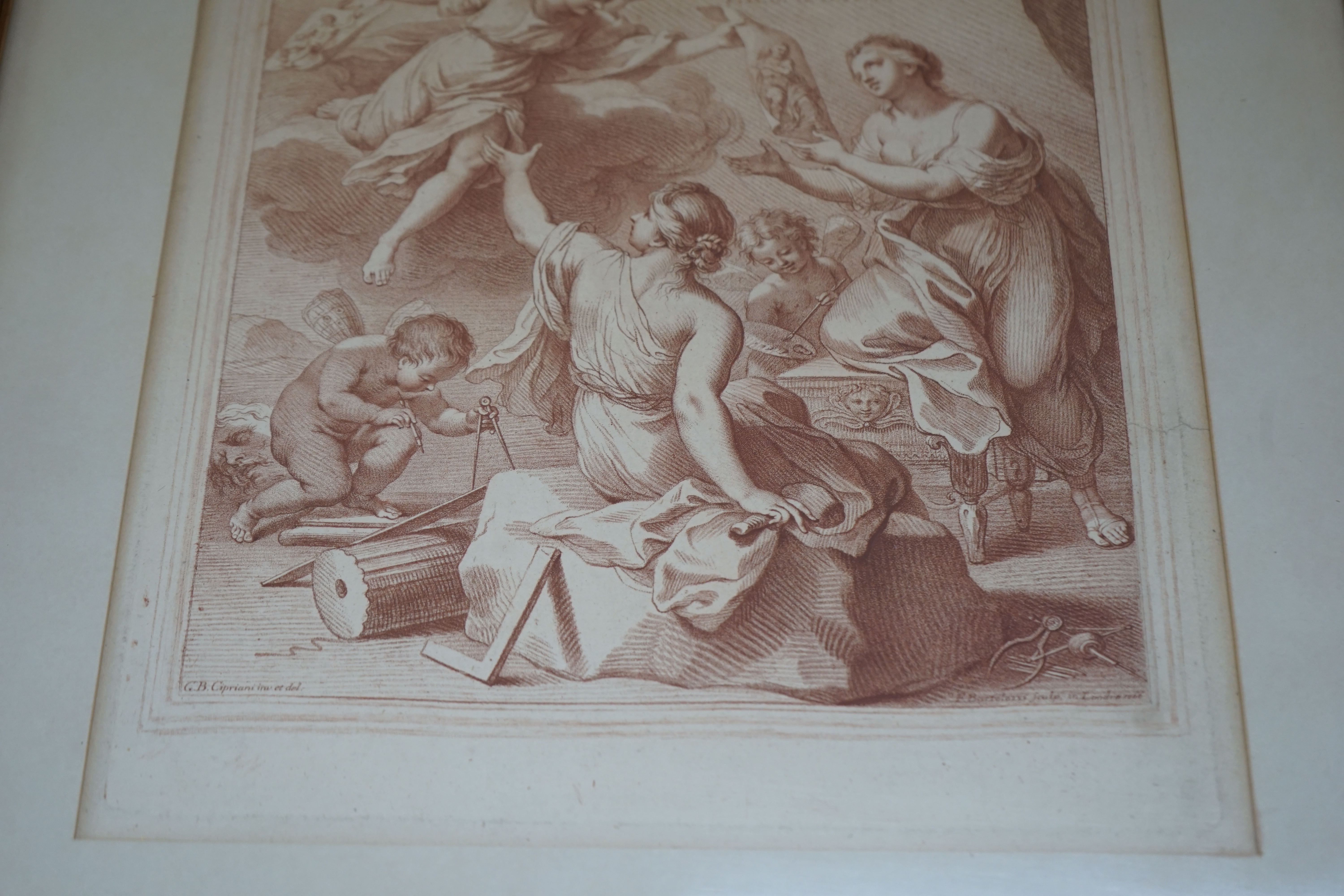 After Francesco Bartolozzi (Italian, 1727-1815), sanguine engraving, 'A century of prints from drawings published with notes by Charles Rogers’ and ‘Paris and Oenone’, largest 41 x 28cm. Condition - poor to fair, brownin